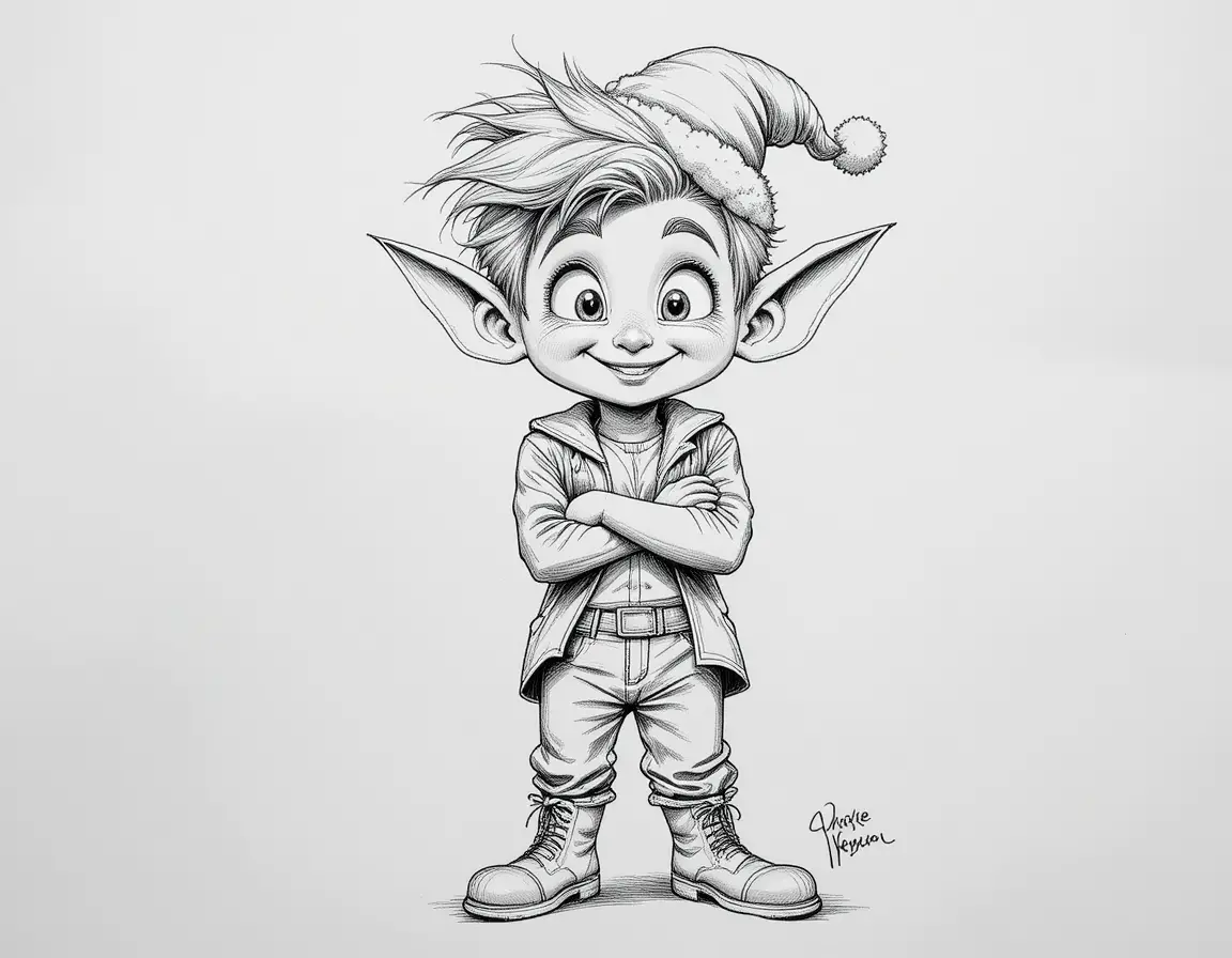 Tierno duende navideño en un estilo de dibujo animado juguetón