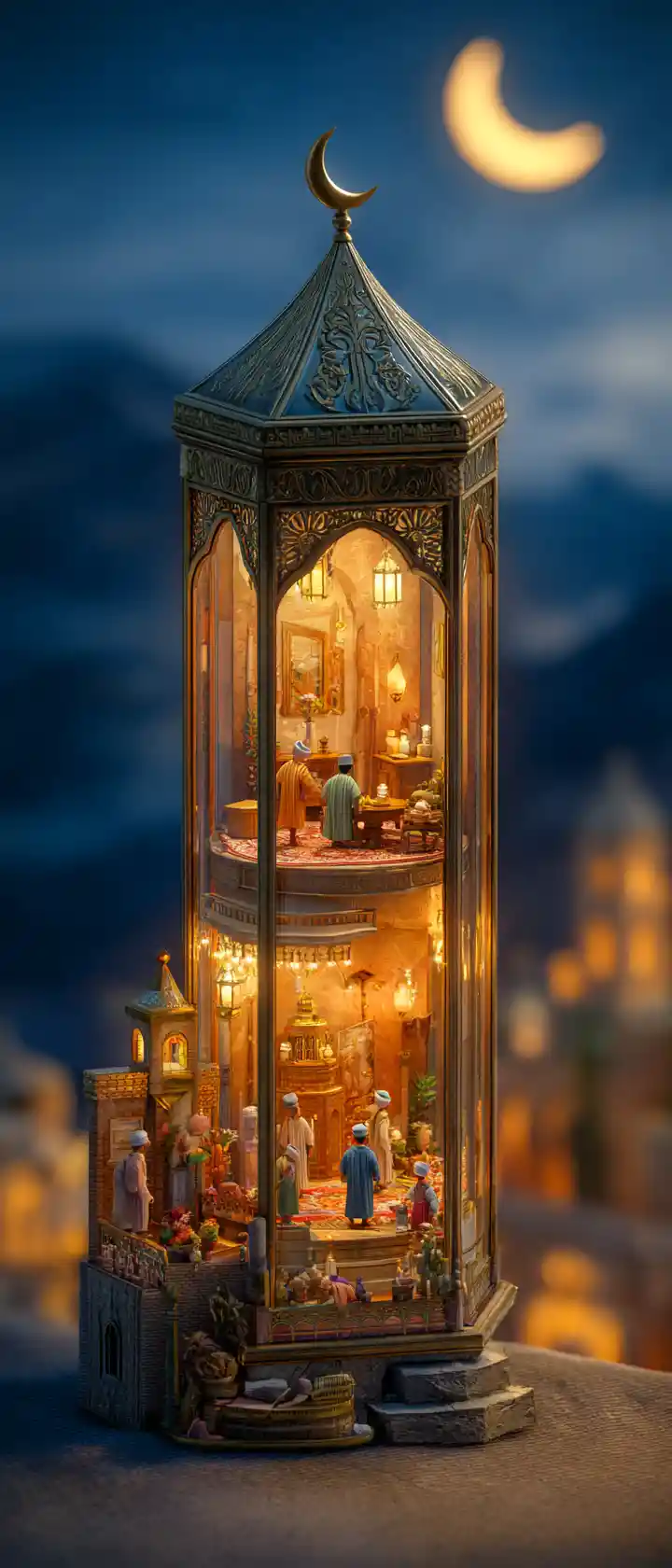 Miniature Eid village glowing inside an ornate open lantern
