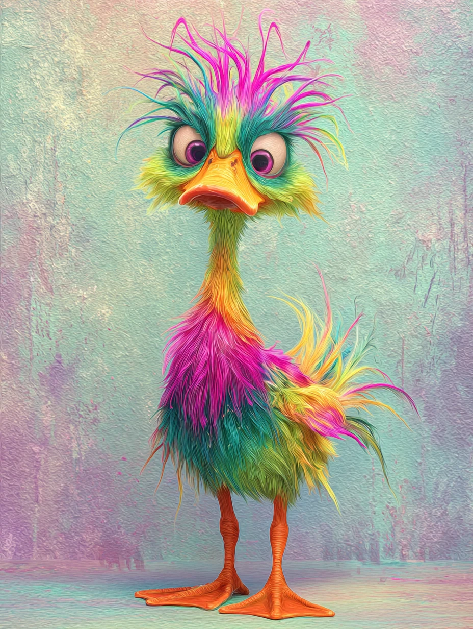 Neon cartoon duck with anxious expression on pastel wall