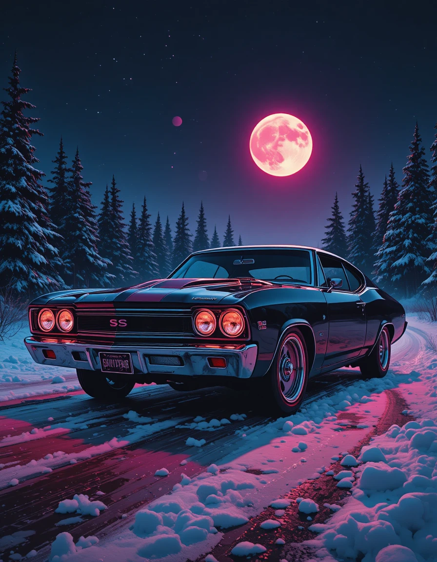 Poster al neon colorato con un’auto muscle classica al crepuscolo