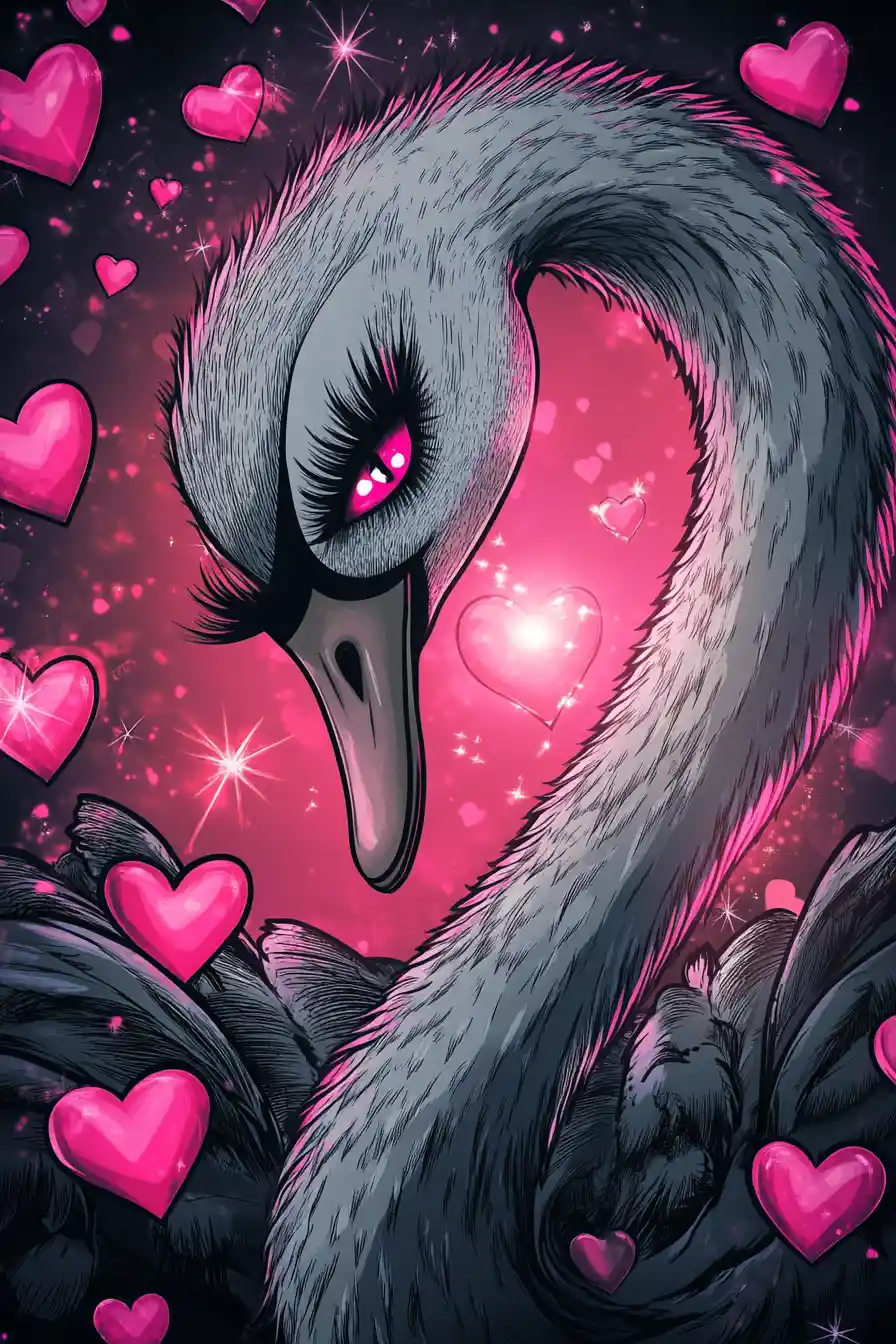 Anthropomorphic swan diva with glowing pink hearts