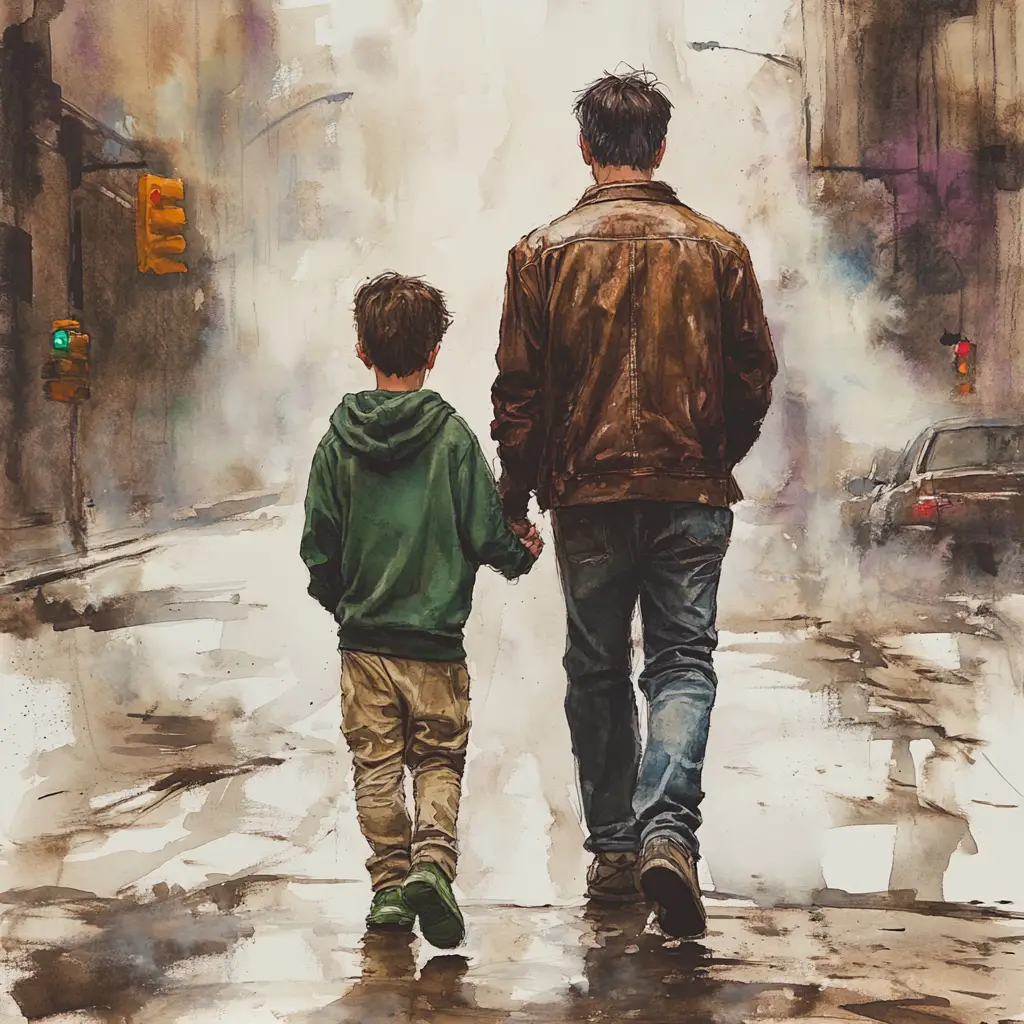 Father and son walking through a foggy city street