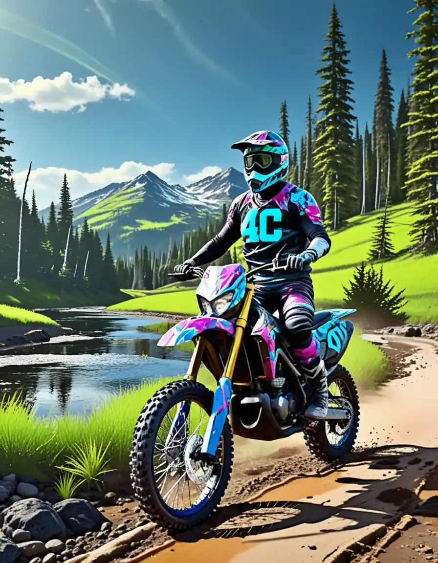 Motocross rider with dirt bike by a clear Montana creek