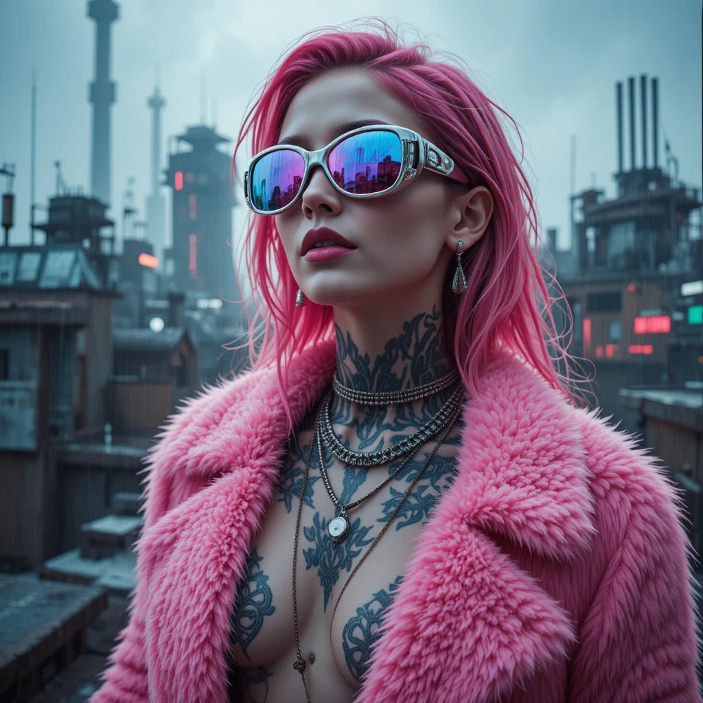 Retrato cinematográfico cyberpunk de uma mulher em casaco de pele rosa
