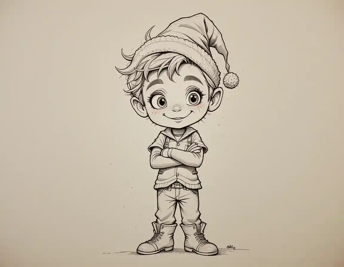 Simpatico folletto cartoon in abito festivo con posa sicura