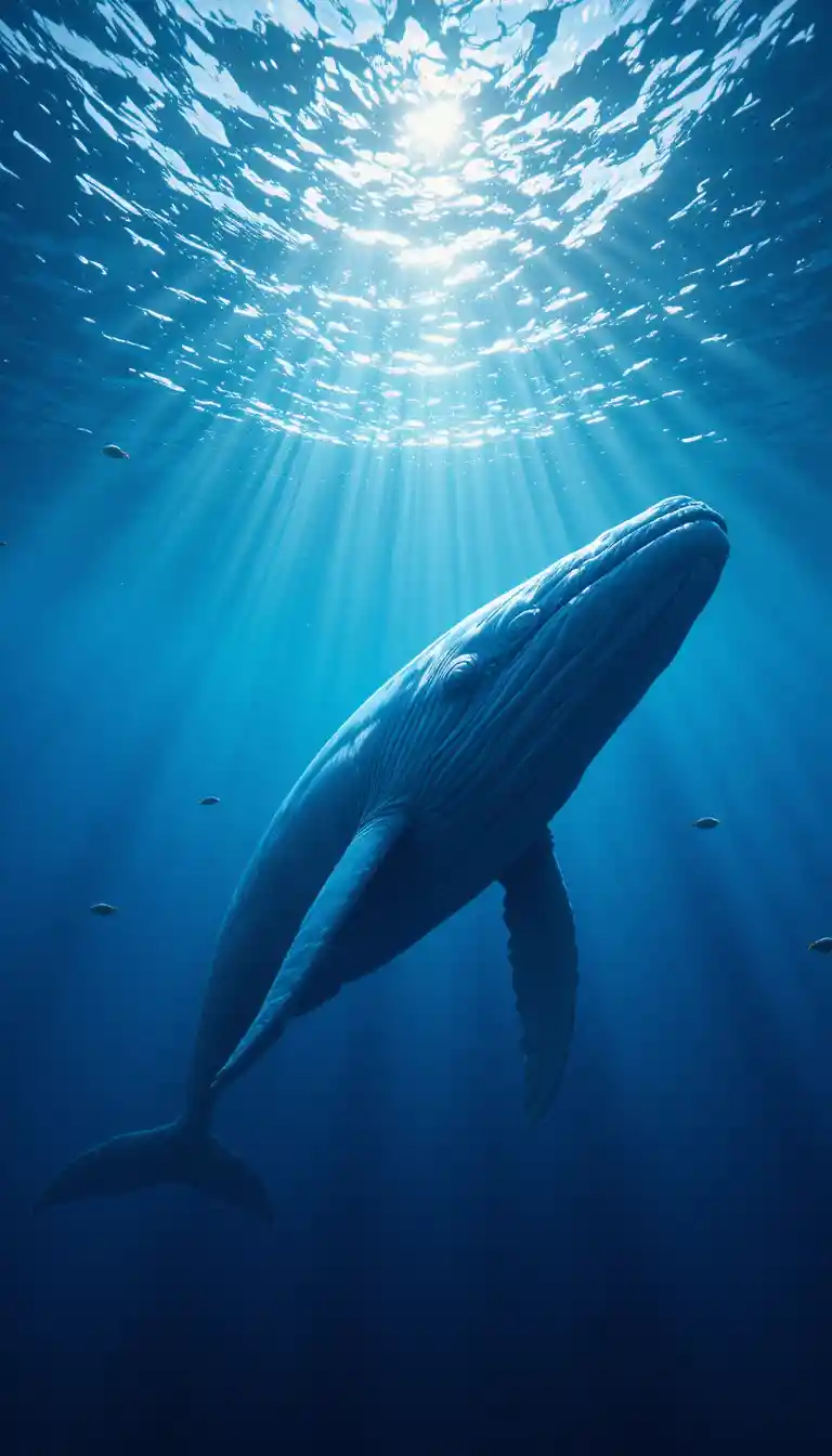 Massive blue whale gliding through sunlit deep ocean