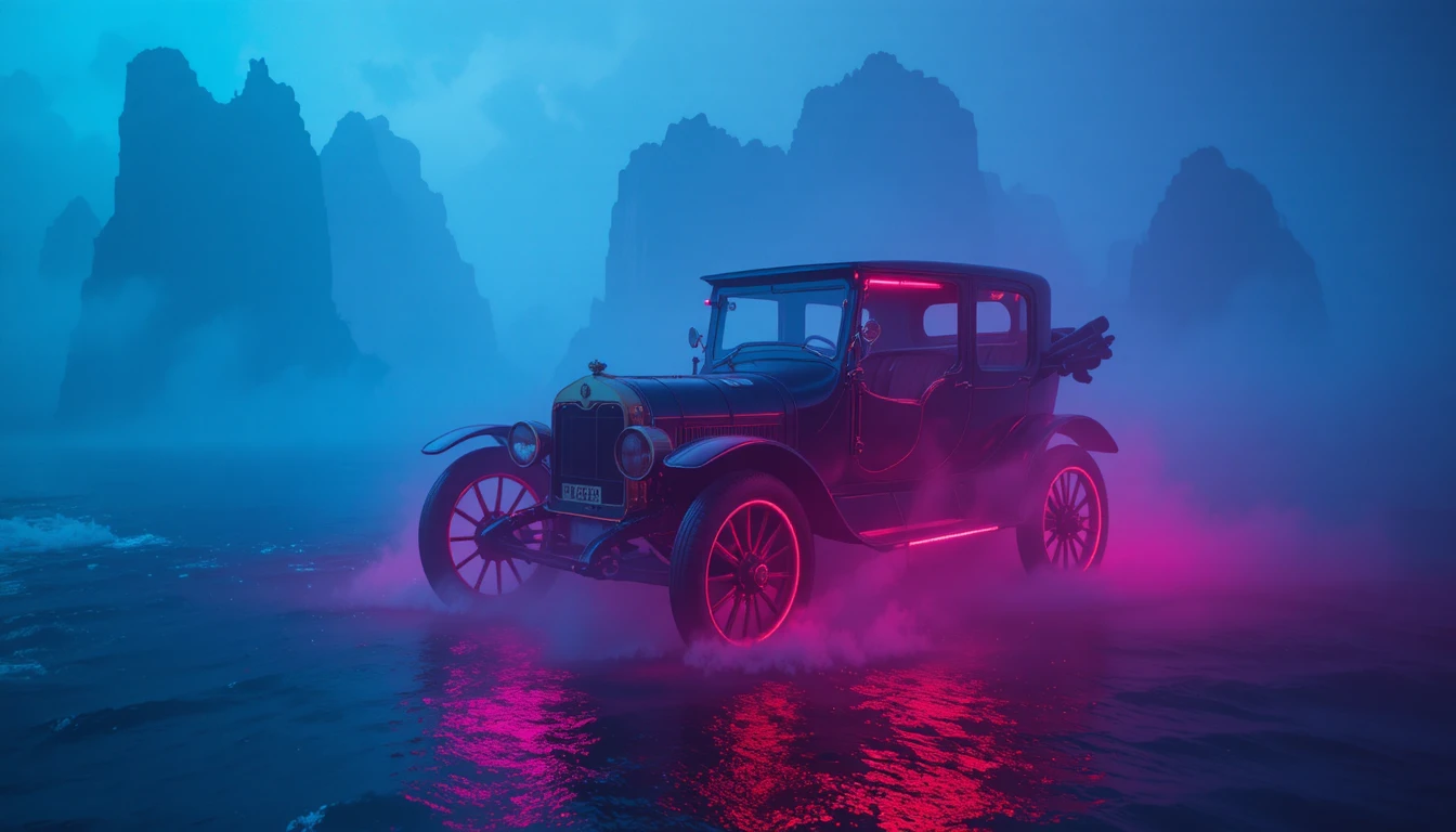 Auto al neon fluttuante sopra un oceano nebbioso di notte