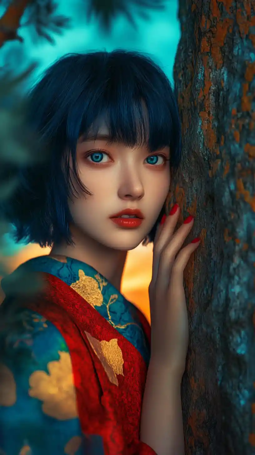 Girl in red kimono hiding behind a textured tree