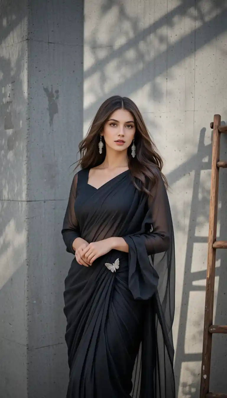 Elegant woman in black saree against a sunlit concrete wall