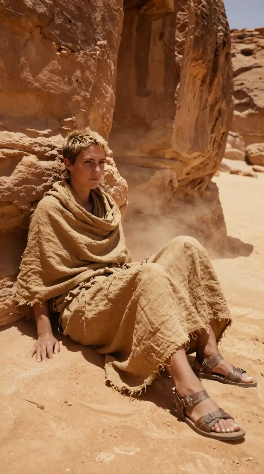 Sobrevivente do deserto descansando em antigas ruínas de arenito