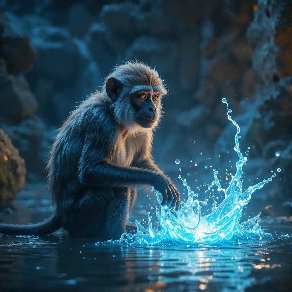 Monkey Resting Beside Glowing Magical Blue Water Pool