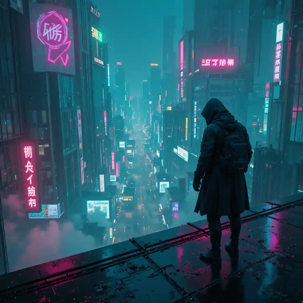 Hooded traveler overlooking a neon cyberpunk city at night