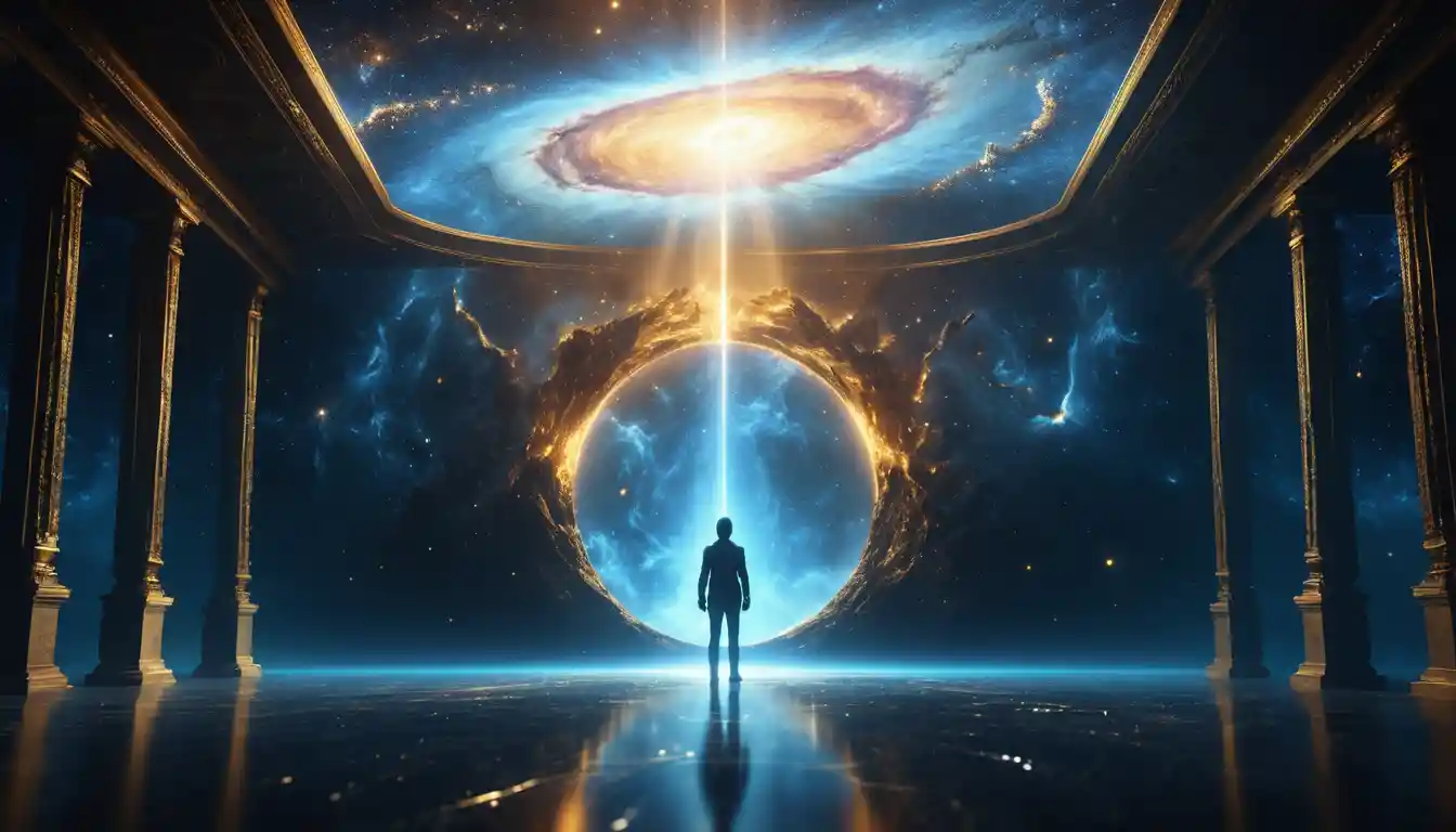 Lone figure before a glowing portal in a cosmic expanse