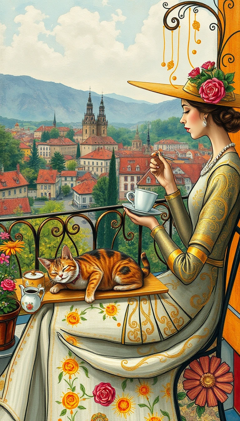 Donna elegante su terrazza soleggiata con caffè e gatto