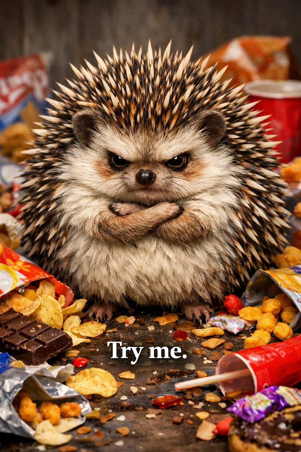 Grumpy hedgehog with tiny crossed arms in snack chaos