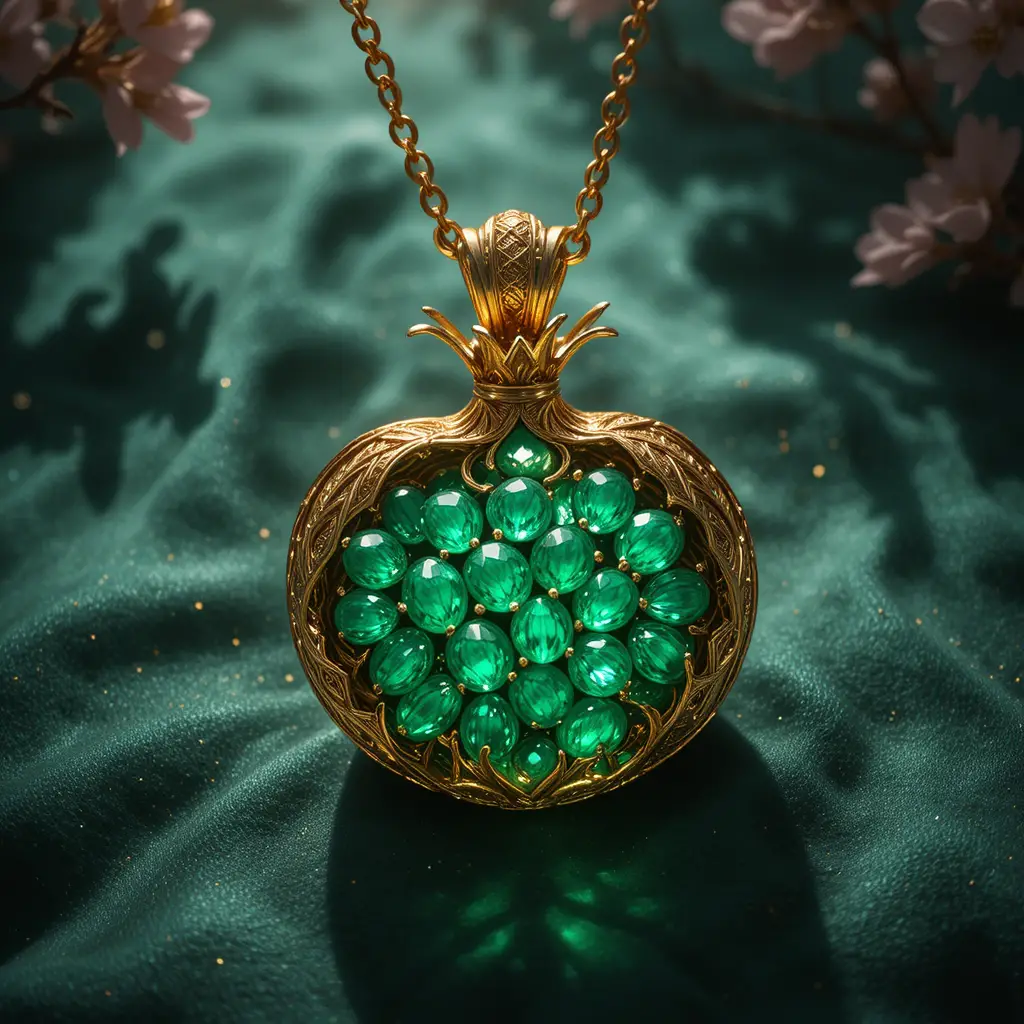 Collier grenade en or avec émeraudes sur velours