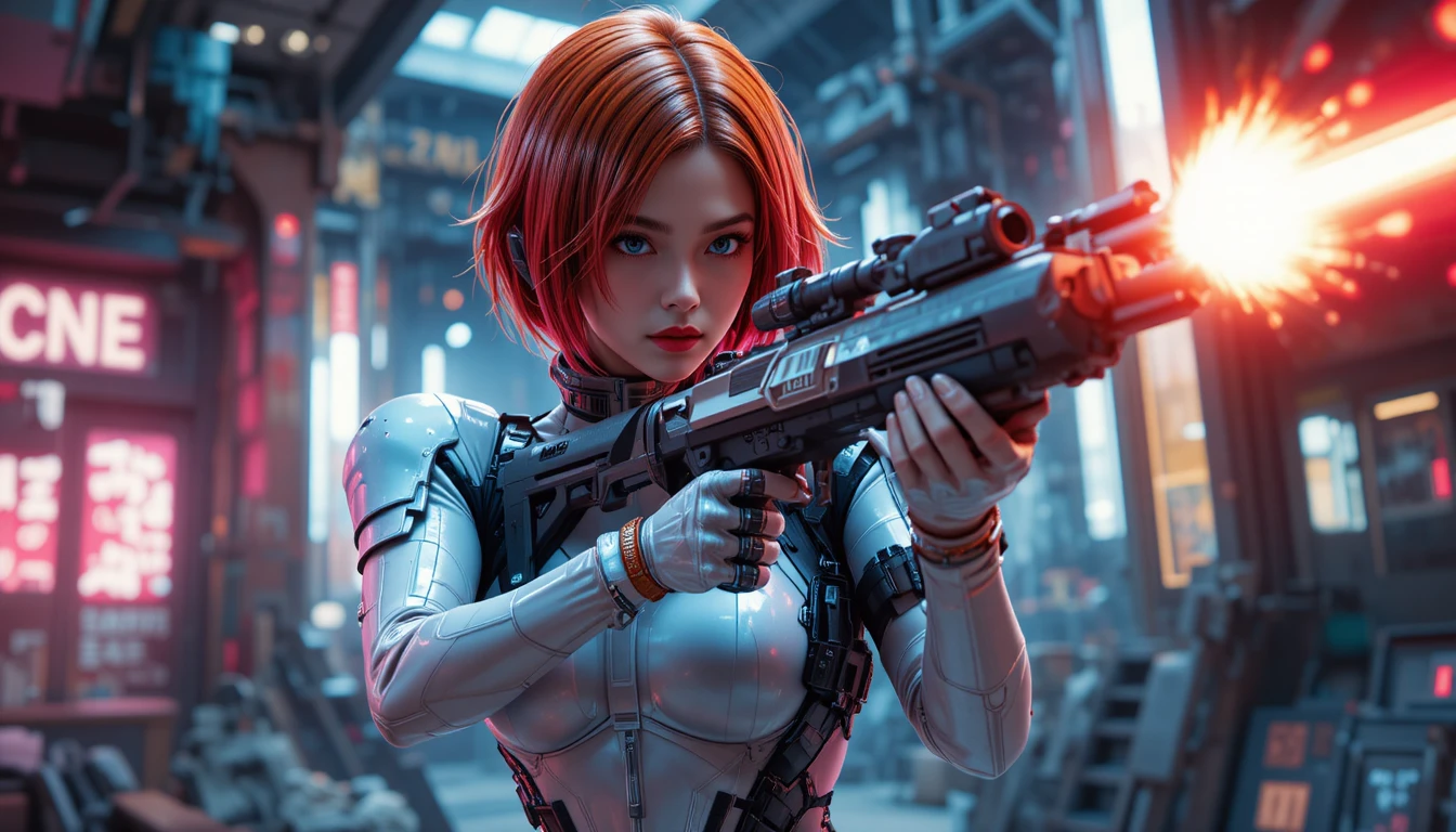 Soldada futurista dispara um rifle sci-fi brilhante