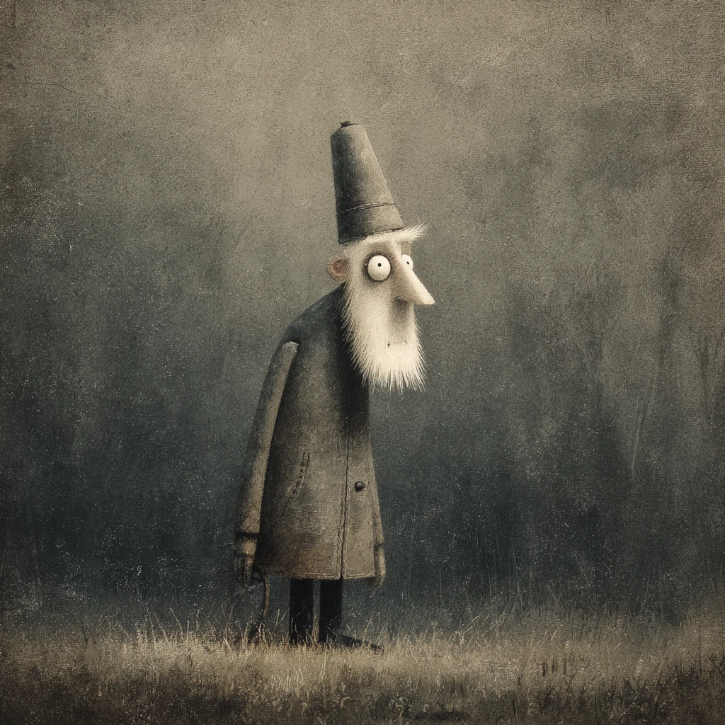 Retrato surrealista de un viejo pescador entre niebla y crayones