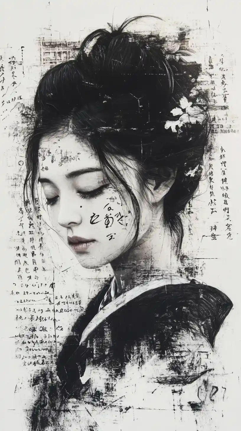 Kontemplative asiatische Frau in kalligrafischem Schwarz-Weiß-Porträt