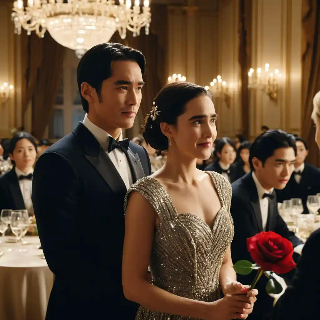 Female professor pinning rose on young man in banquet hall