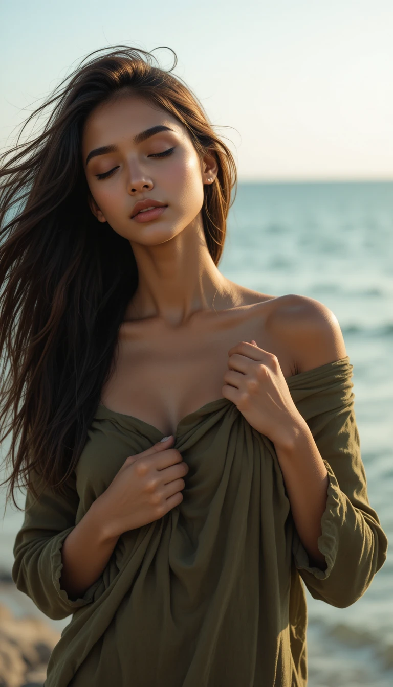 Young indian woman by the seaside at golden hour