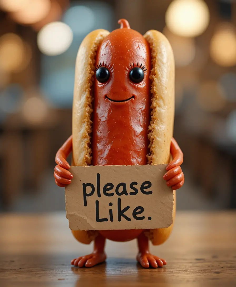 Anthropomorphic hot dog holding a please like sign