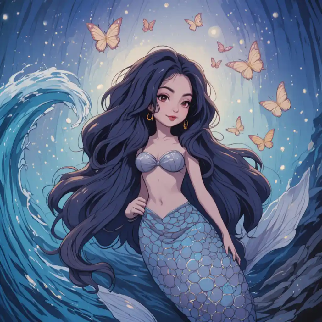 Sirena stilizzata con lunghi capelli fluenti e coda di pesce vorticosa