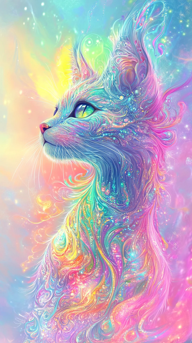 Gato de dibujos animados en primer plano sobre fondo abstracto de arcoíris