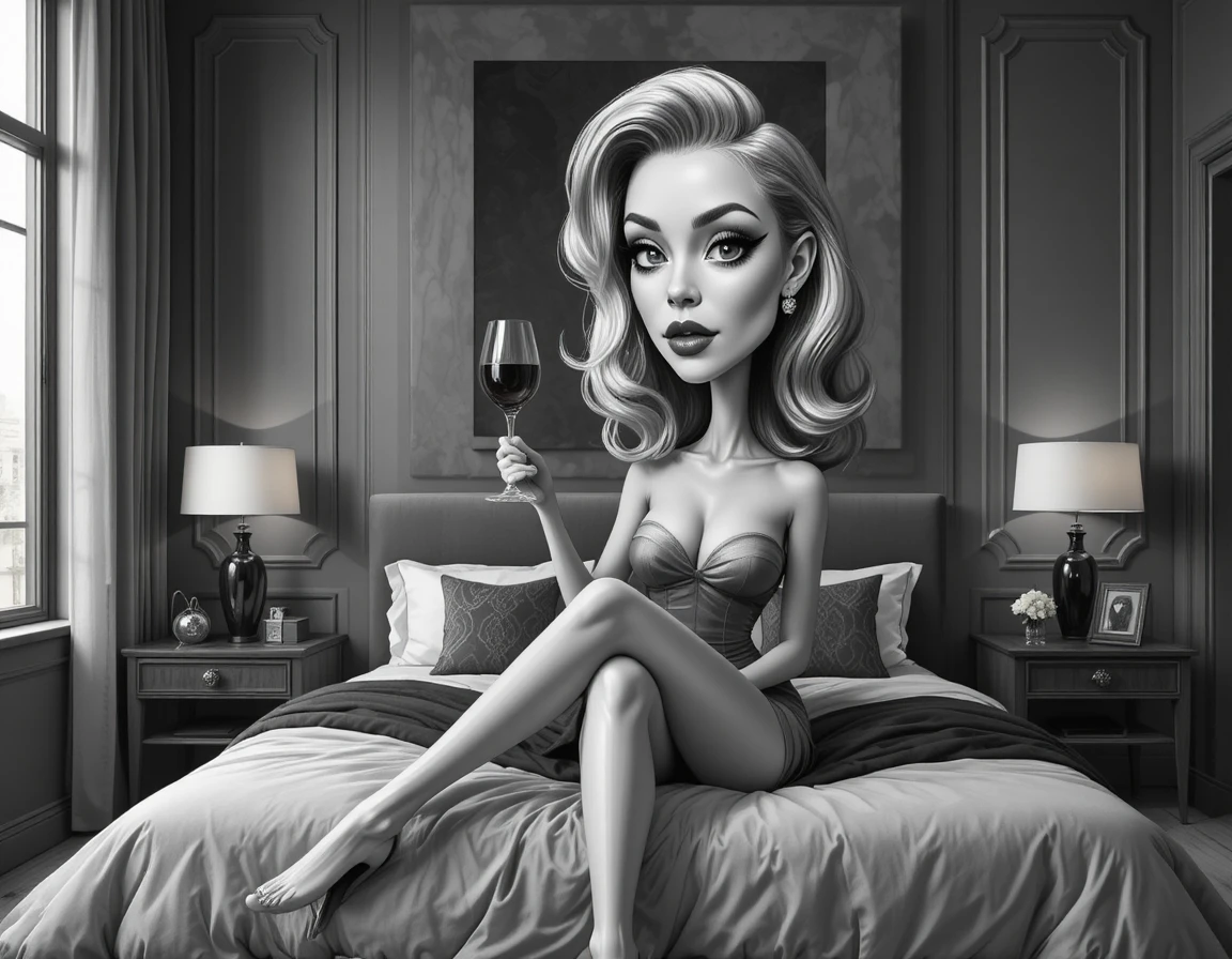 Donna sensuale in bianco e nero in camera da letto moderna