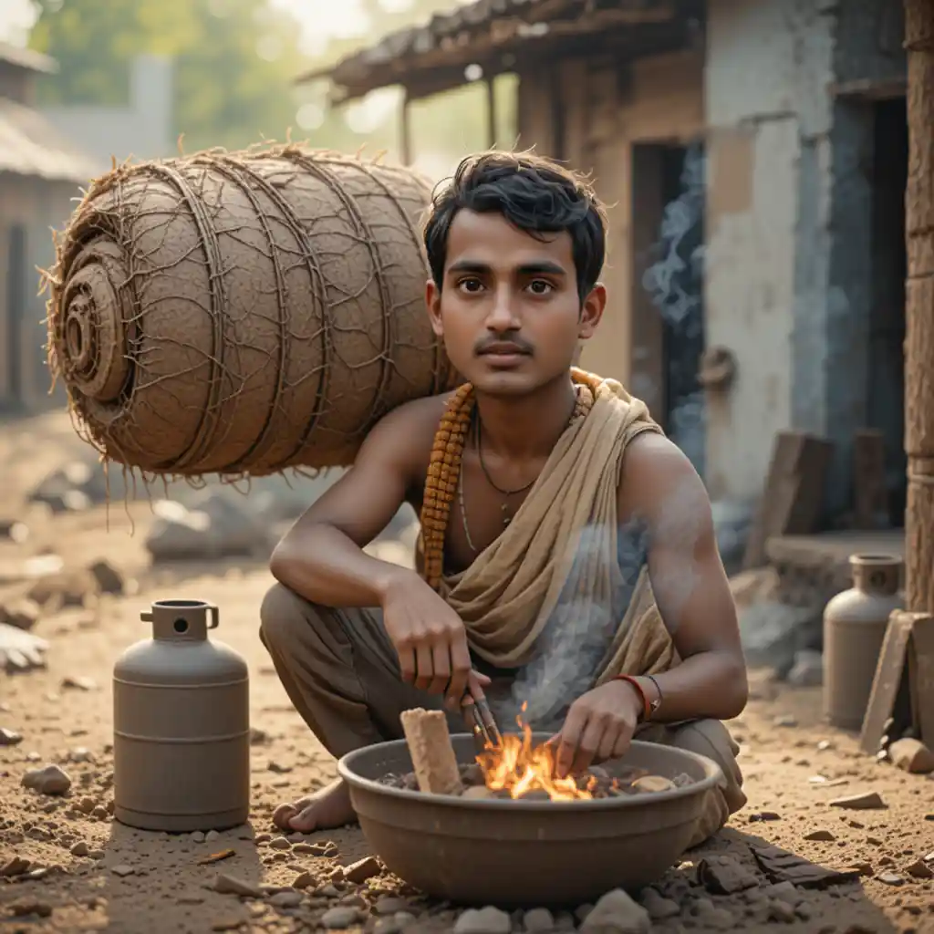 Man lighting village mud stove with dung cakes and wood