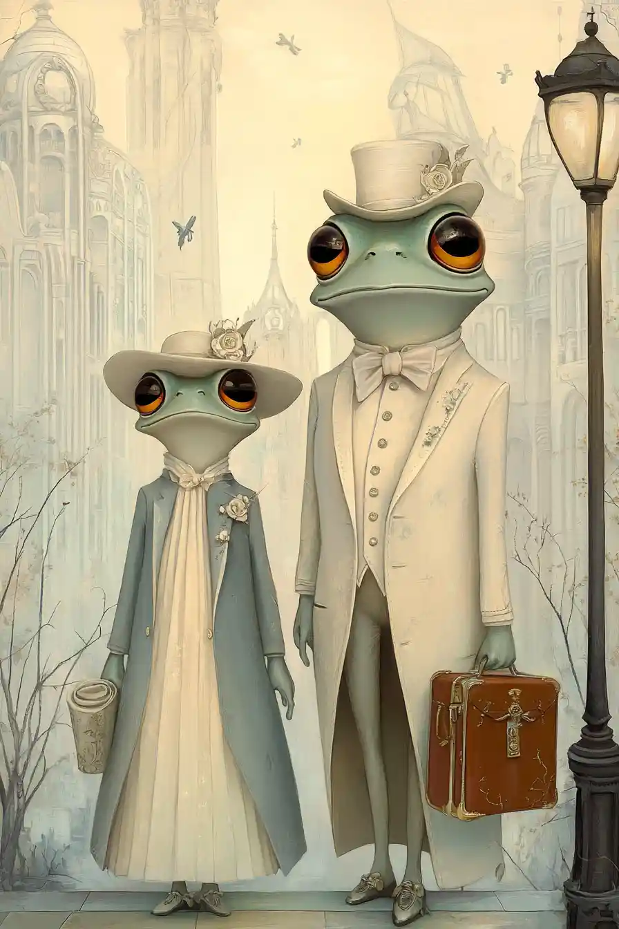 Elegante anthropomorphe Frösche in einer traumhaften Art-déco-Stadt