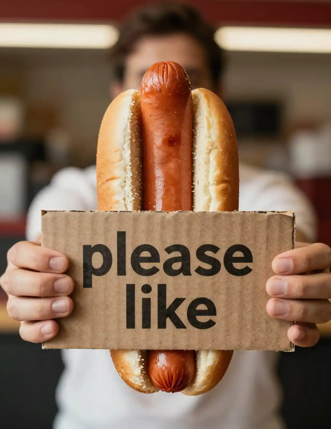 Hot dog character holding a cardboard please like sign