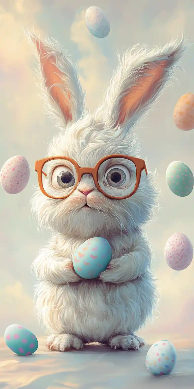 Sarcastic rabbit portrait with pastel easter eggs