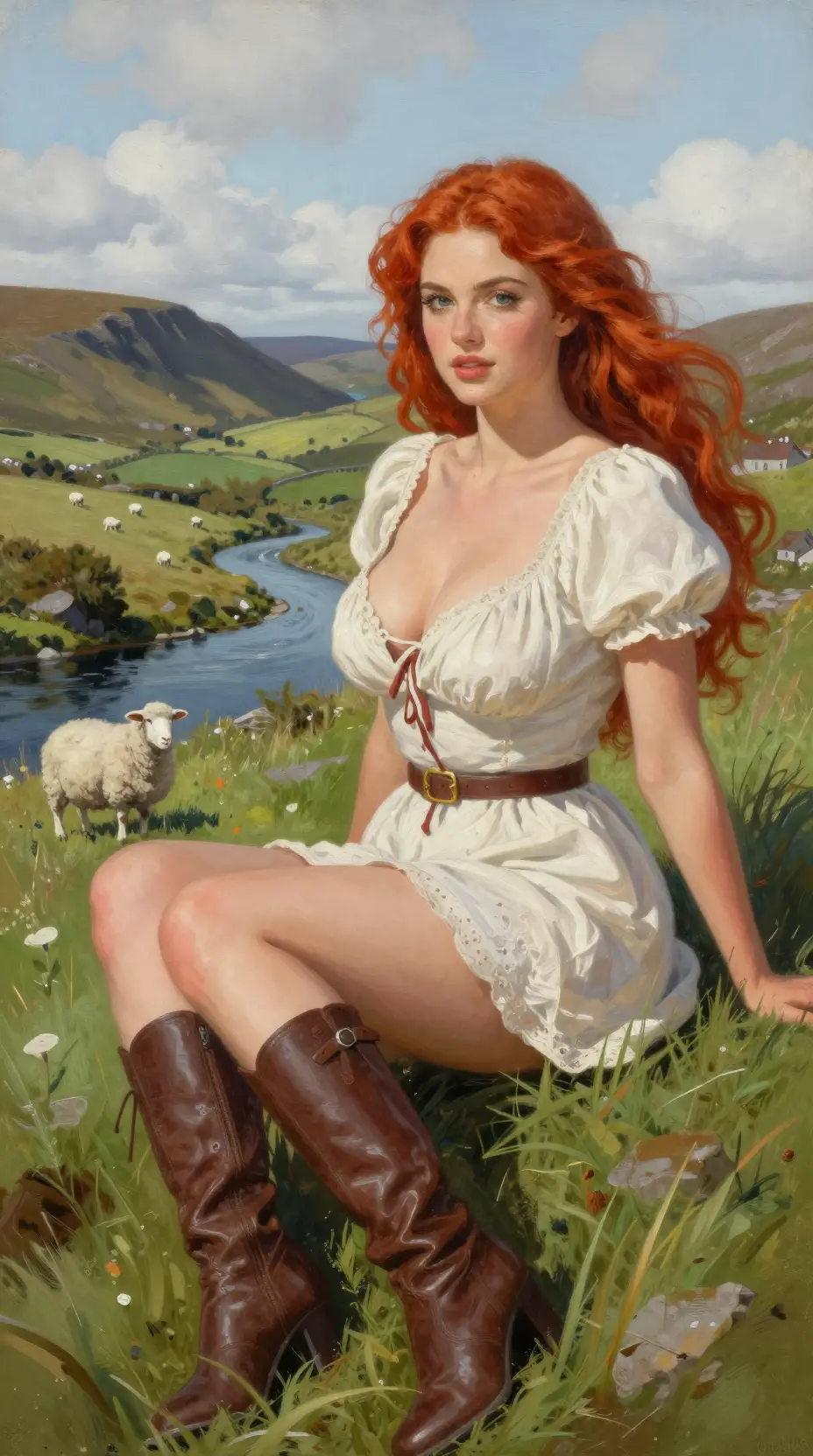 Red haired woman in a peasant dress by Irish hills
