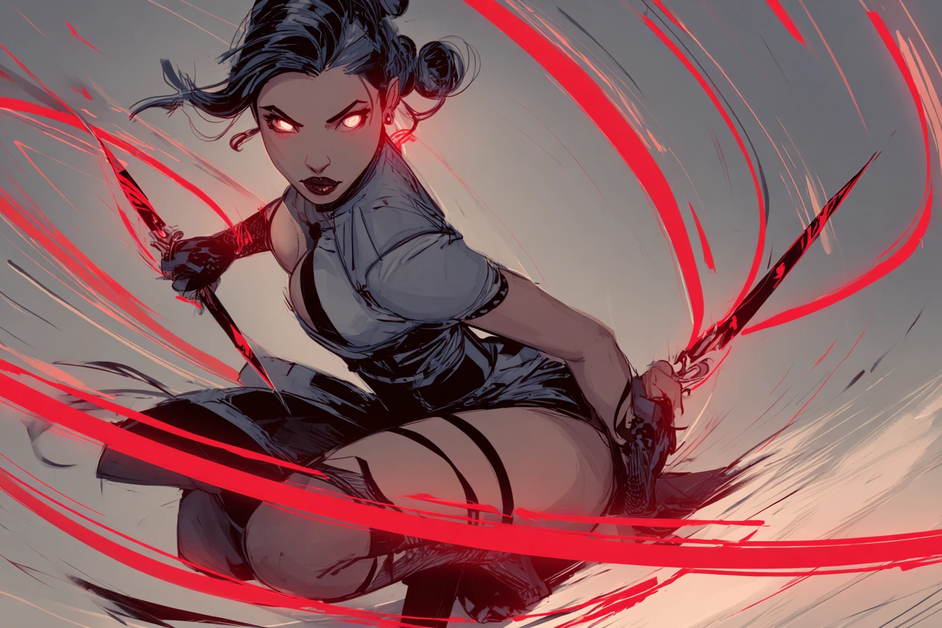 Fierce dagger wielding woman in dynamic combat stance