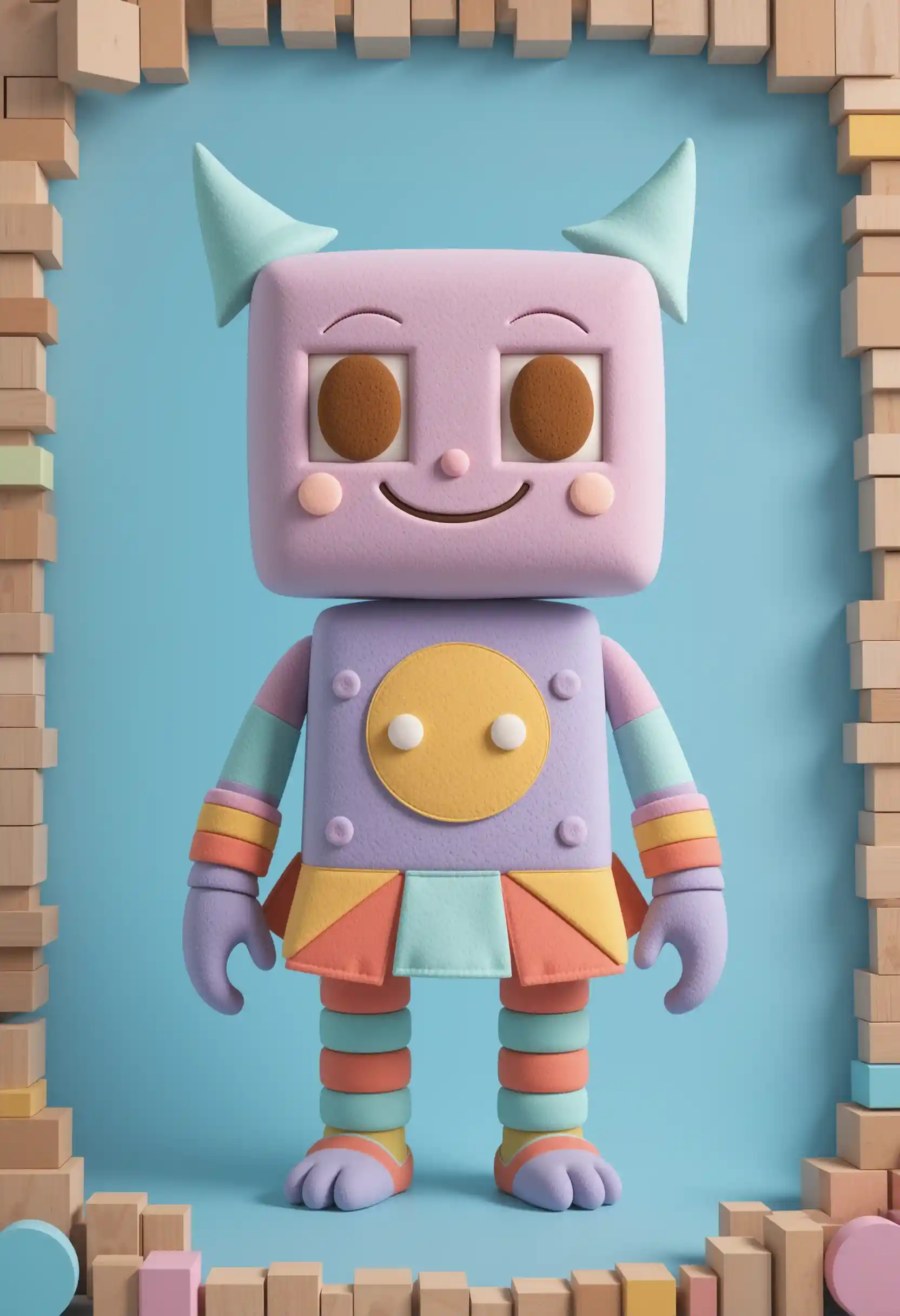 Geometric plush toy character on soft blue background