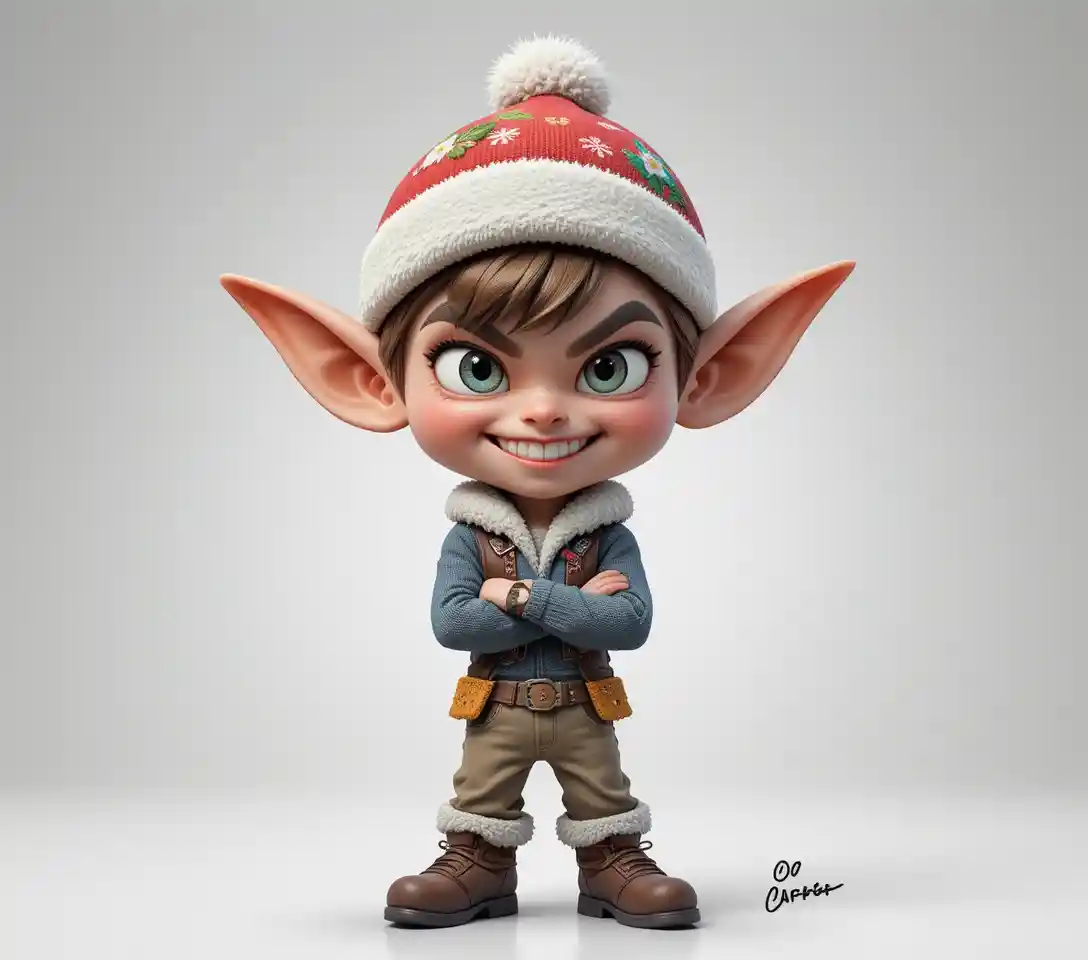 Gobelin cartoon joueur en tenue d’hiver festive sur fond blanc