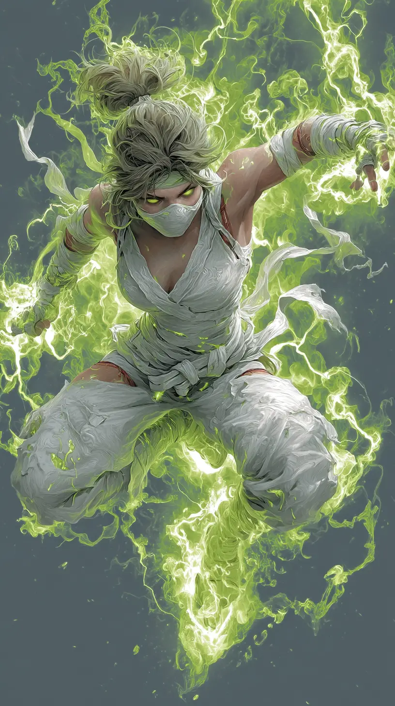 Guerrero ninja blanco rodeado de relámpagos verde neón
