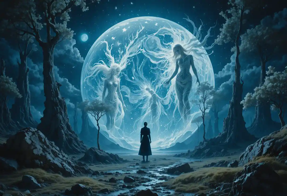 Specchio luminoso in un mistico paesaggio onirico astratto notturno