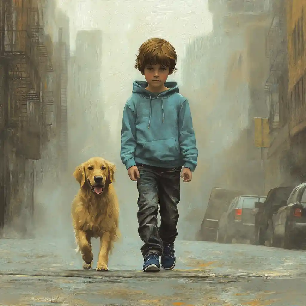 Young boy and dog walking down a foggy city street