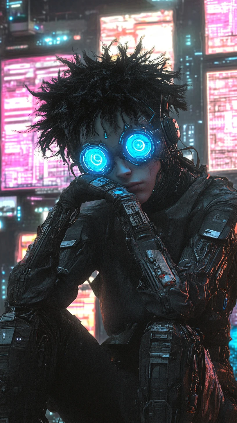 Cyborg malinconico davanti a schermi cyberpunk luminosi