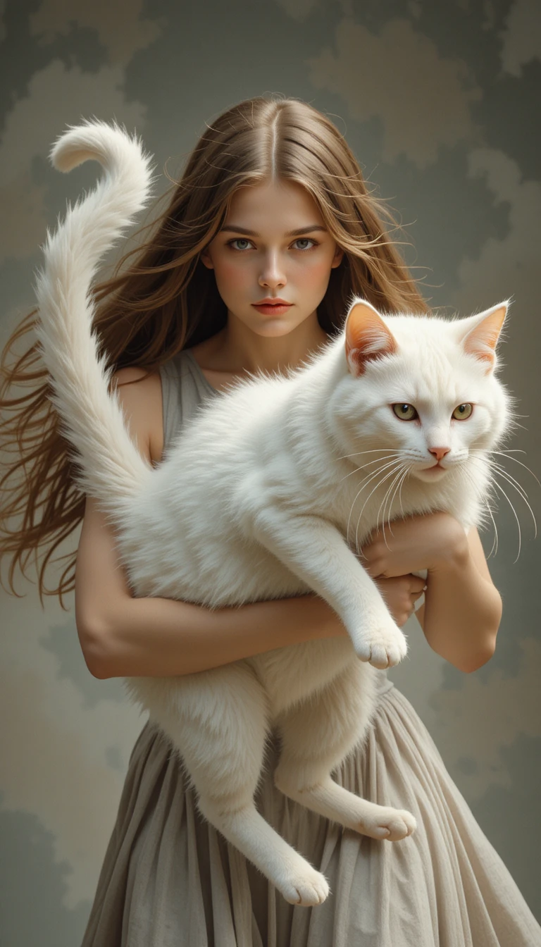 Mulher Segurando um Gato Branco pelo Rabo em Estilo Clássico