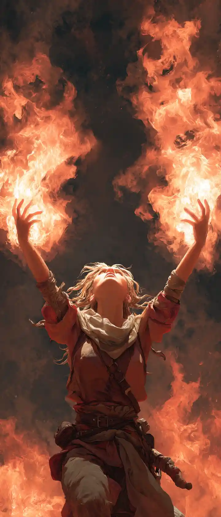Ragazza fantasy 3D che lancia fiamme contro i nemici attaccanti