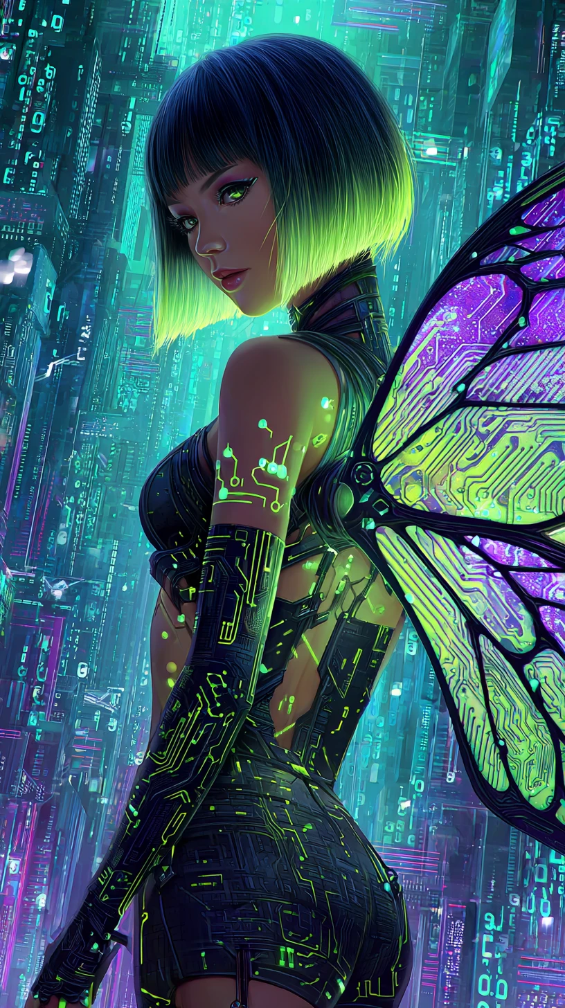 Mulher cyberpunk com asas de néon em paisagem urbana digital