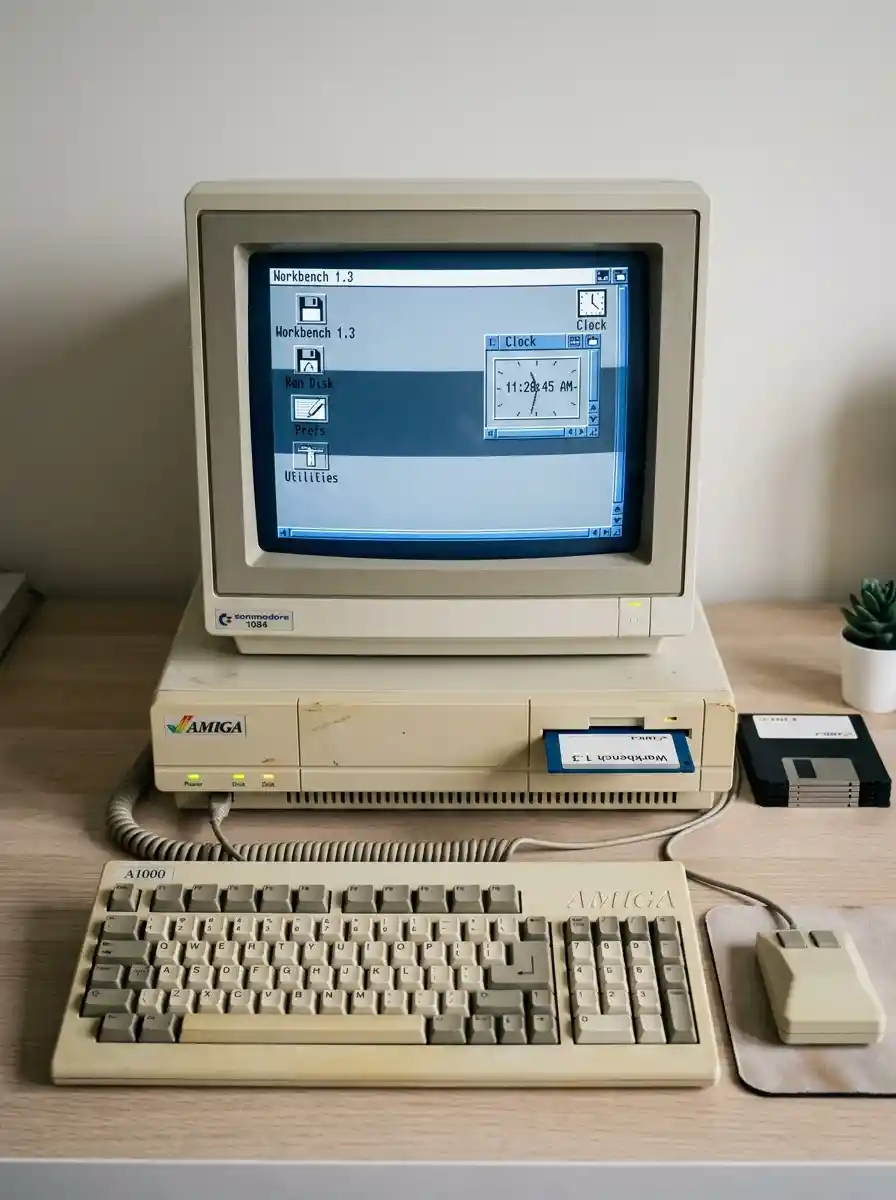 Vintage computer workstation with Amiga 1000 and workbench display