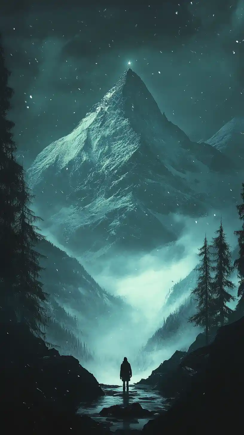 Lonely figure by a mountain fountain in the night