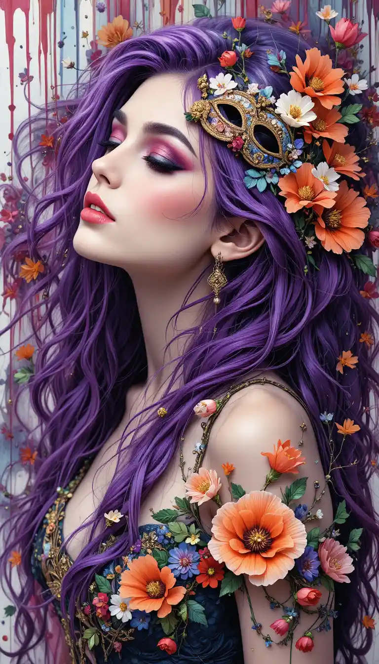 Donna fantasy con capelli floreali e maschera veneziana decorata