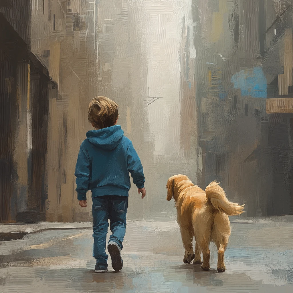 Bambino e cane che camminano in una via cittadina nebbiosa