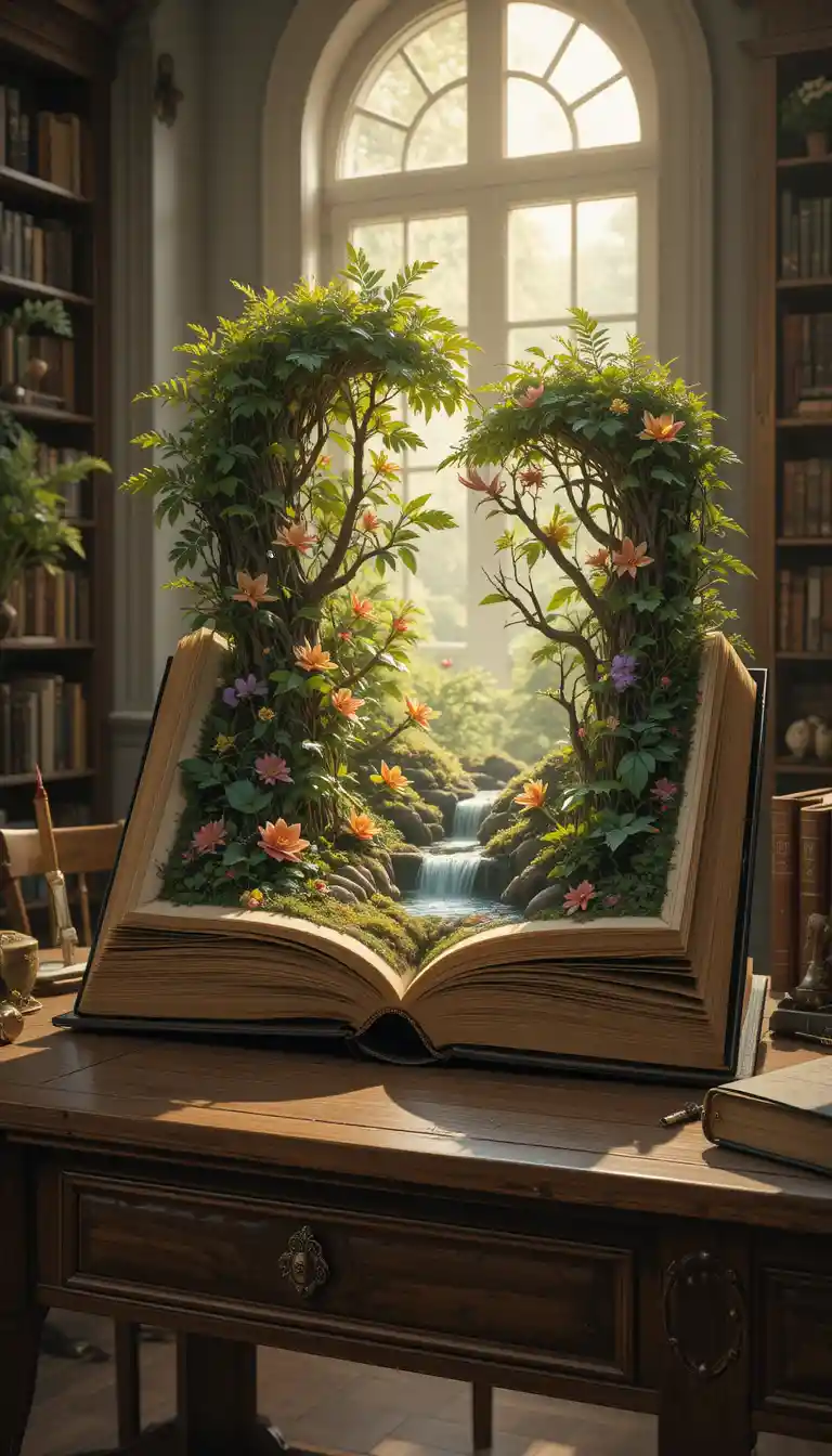 Antico libro aperto che rivela un lussureggiante mondo di foresta pluviale