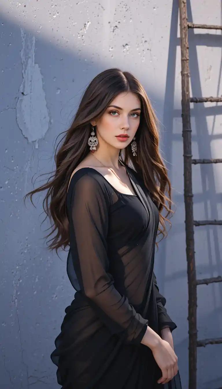 Elegante donna in sari nero alla luce solare drammatica